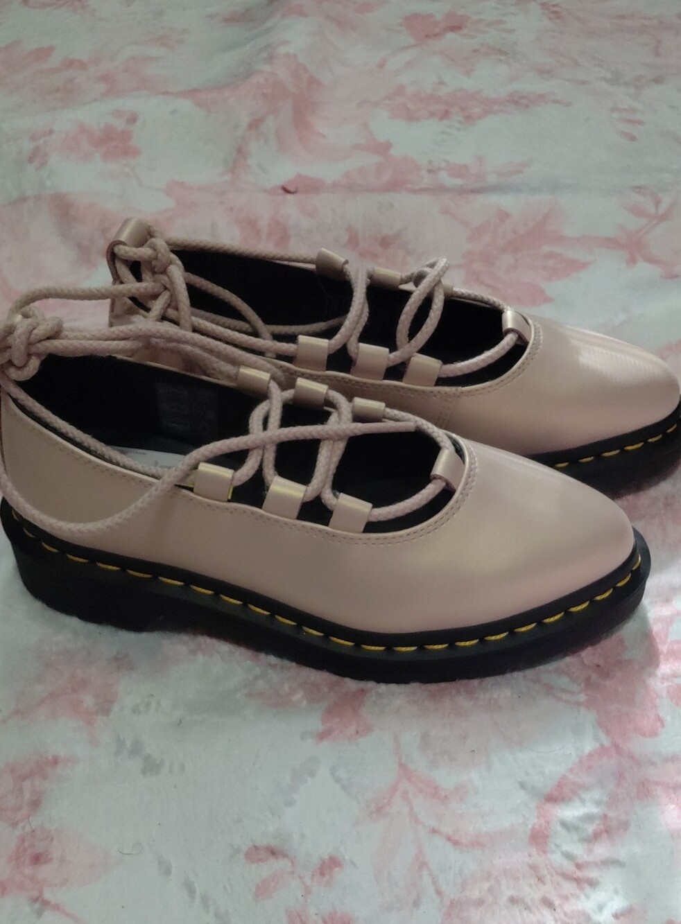 Dr. Martens Elphie II Pink Lace-Up Ballet Flats with Yellow Stitching